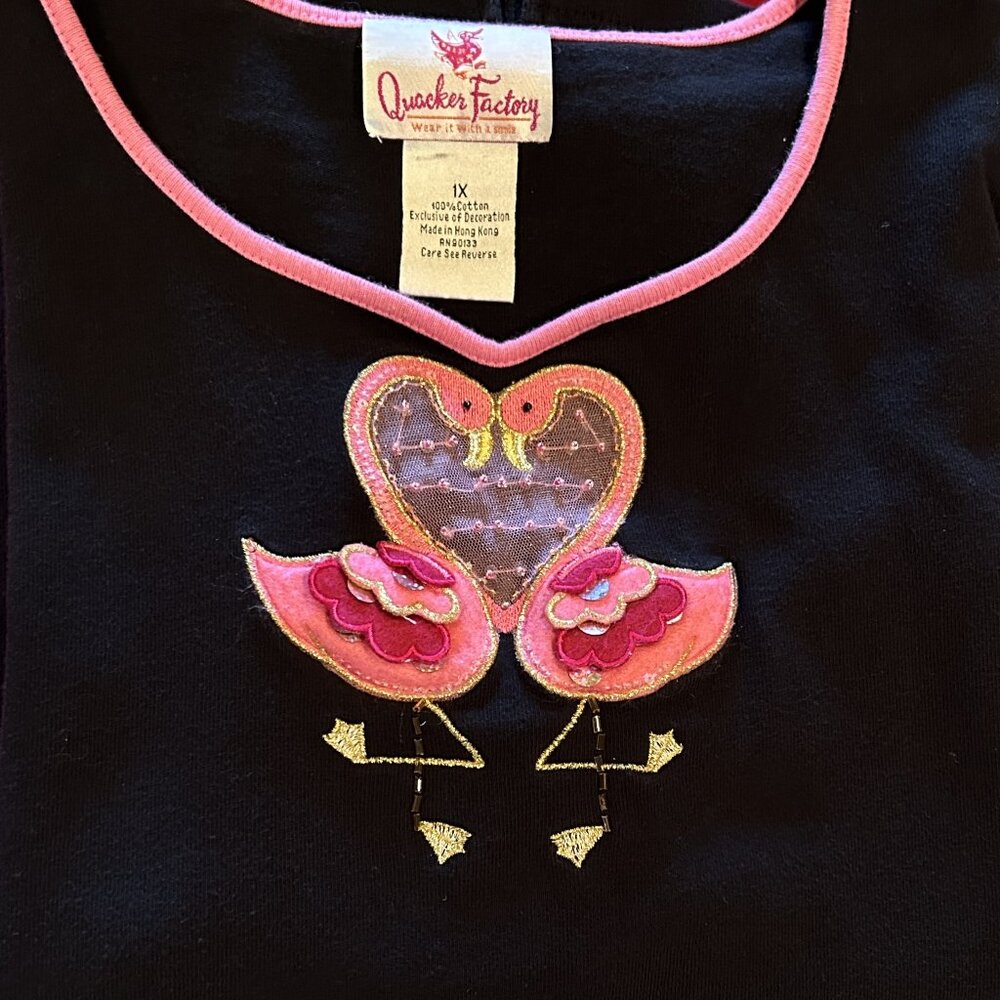 Quacker Factory 1X Black Tee with Pink Flamingos and Mesh Hearts